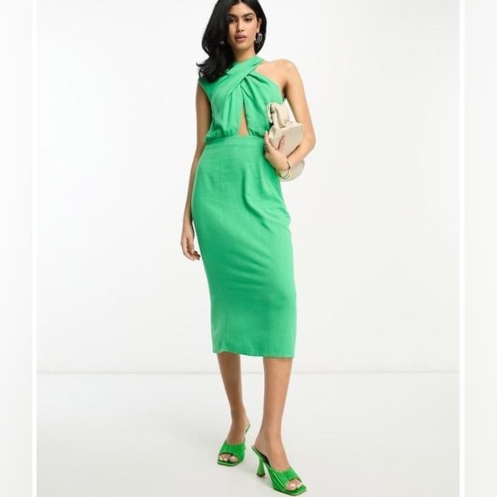 ASOS Green Sleeveless One Shoulder Twist Neck Halter Pencil Midi Dress size 4
